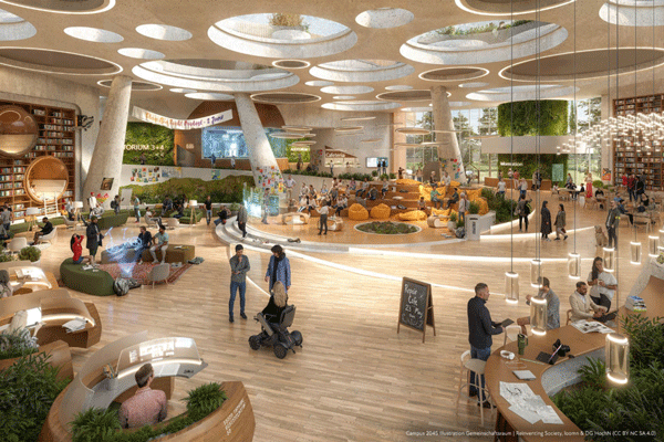 Realutopie eines Gemeinschaftsraums einer Hochschule im Jahr 2045