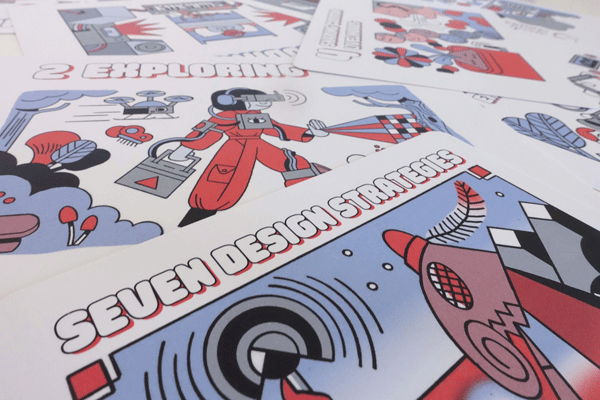Teilansicht mehrerer Karten des Kartensets mit sieben Designstrategien. Die Grafiken der Karten sind im Comic-Stil vorwiegend in Rot und hellen Blautönen illustriert.