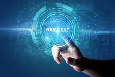 Hand mit virtuellem Schriftzug Foresight