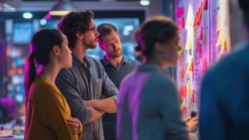 Eine Gruppe Fachleuten analysiert bunte Haftnotizen an einer Wand und diskutieren Ideen und Strategien.