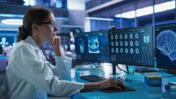 Medizinerin, die einen Computer mit MRT-Bildern von Gehirnscans benutzt.