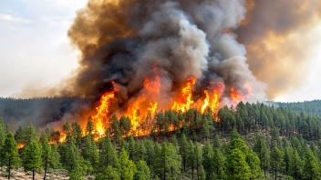 Waldbrand, Wald mit dichtem Rauch und Flammen