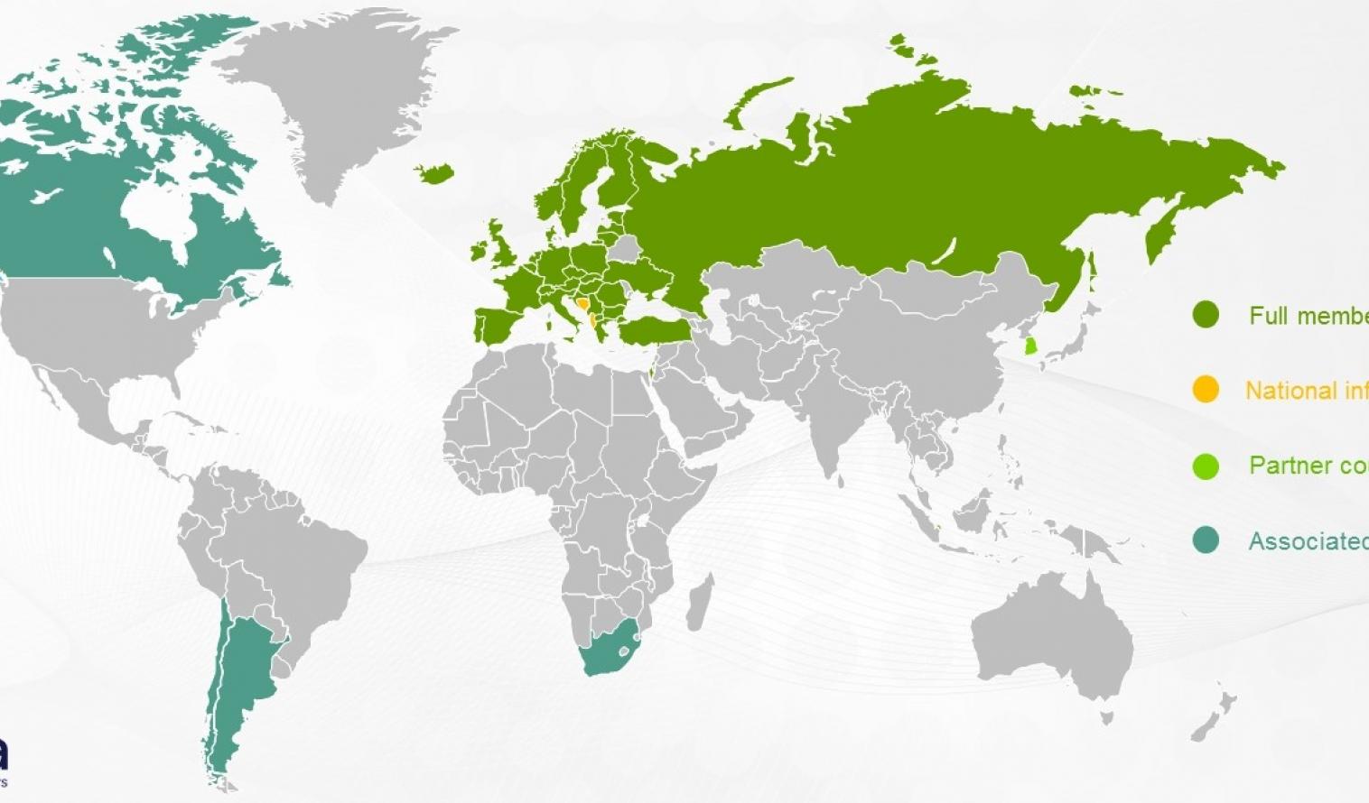 Weltkarte mit den 40 EUREKA-Mitgliedsländern