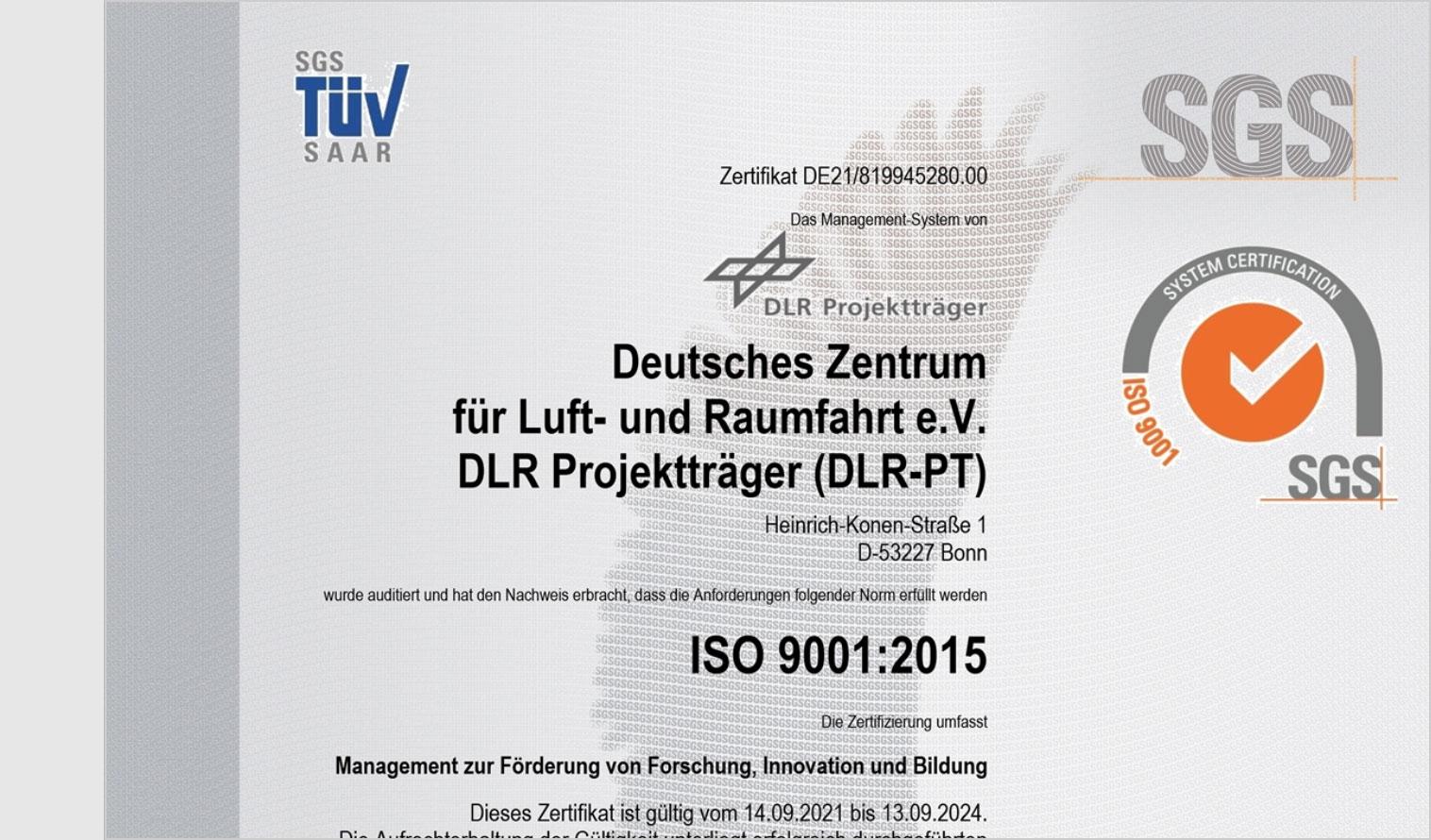 Vorschau ISO-Zertifikat 9001 - Zertifizierungen des DLR Projektträgers
