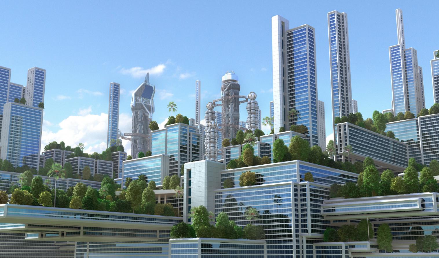 3D Illustration einer futuristischen grünen Stadt