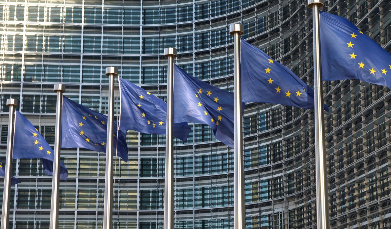 wehende Flaggen mit dem Logo der EU vor einem Bürogebäude