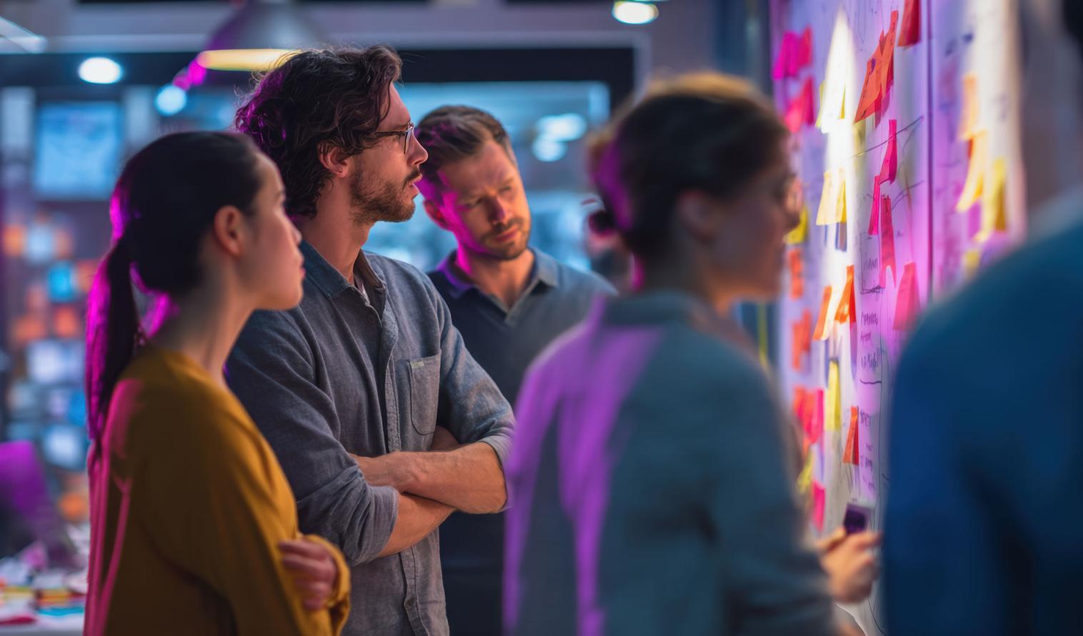 Eine Gruppe Fachleuten analysiert bunte Haftnotizen an einer Wand und diskutieren Ideen und Strategien.
