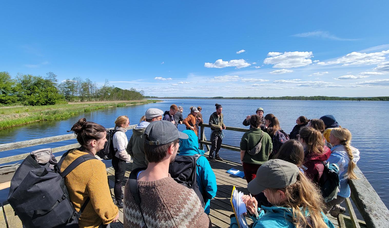 eine Gruppe von Personen steht an einem Moorgebiet