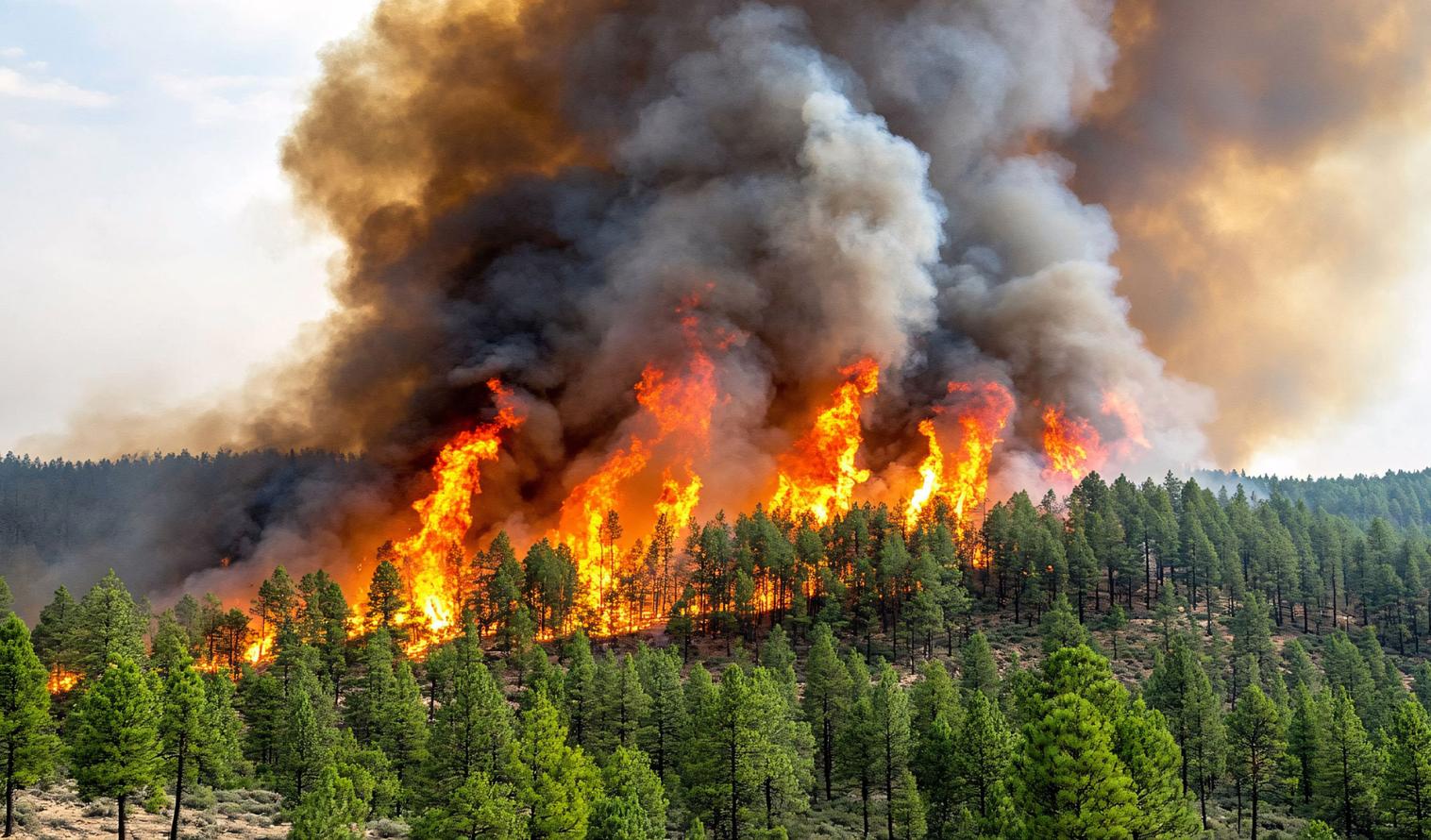 Waldbrand, Wald mit dichtem Rauch und Flammen
