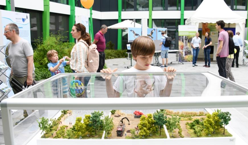 Ein Kind schaut interessiert auf ein Exponat, welches ein Modell einer Landschaft darstellt.